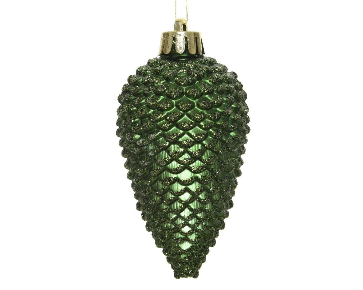 Decoris Dennenappel kunststof glitter groen 6 stuks