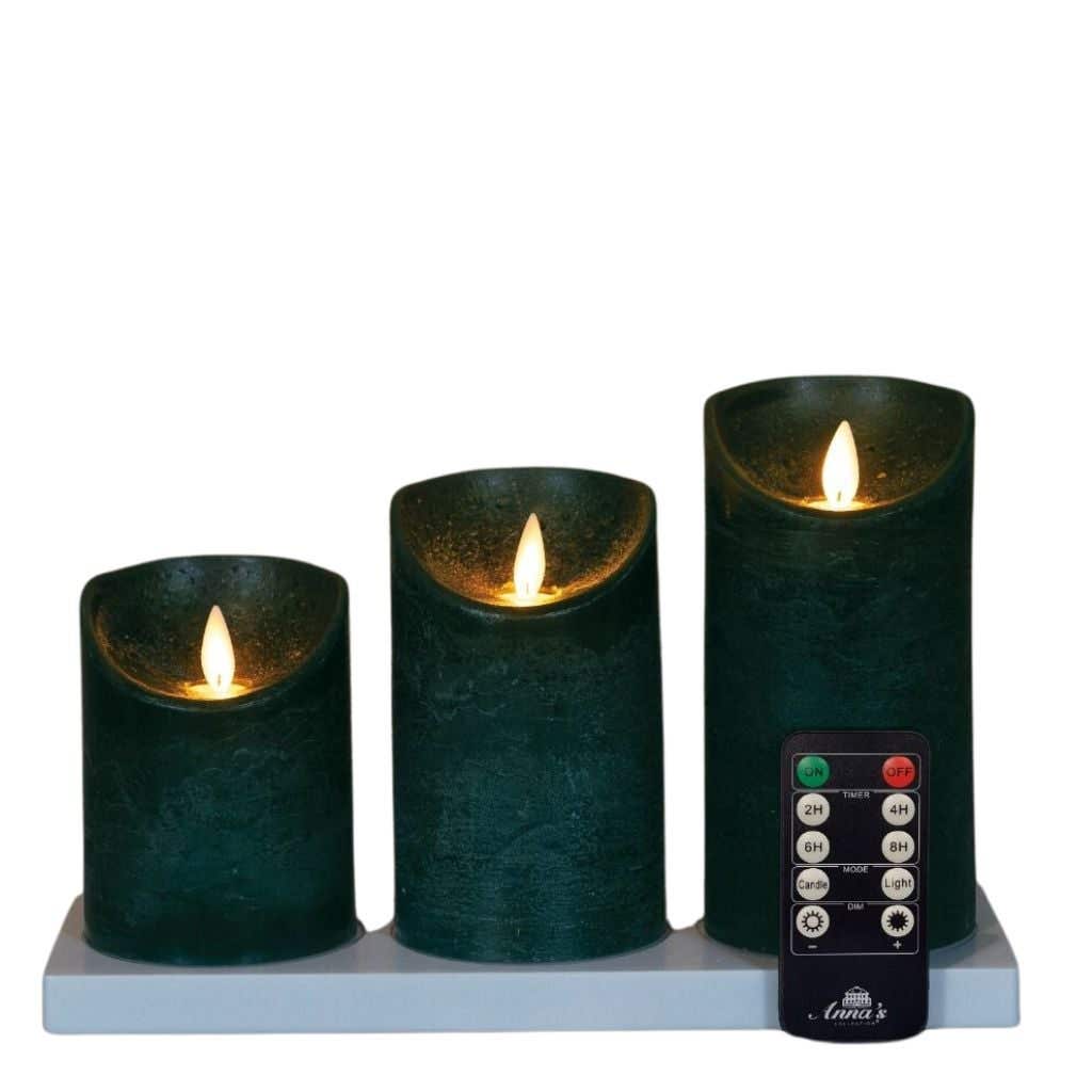 Stompkaars LED oplaadbaar Wax Rustiek Antiek Groen 3 stuks met afstandsbediening