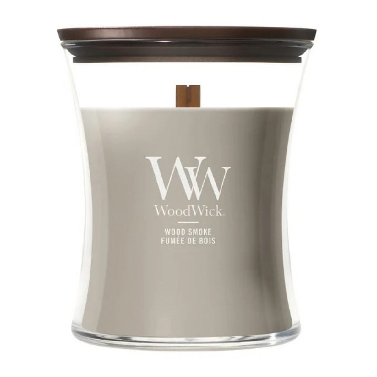 WoodWick Geurkaars Medium Wood Smoke Grijs 9.9 x 9.9 x 11.4 cm