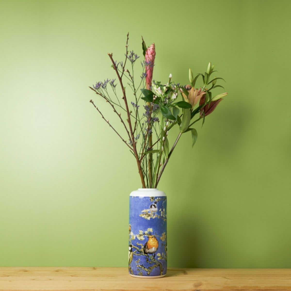 Heinen Delfts Blauw Cilinder Vaas Vogels Van Gogh