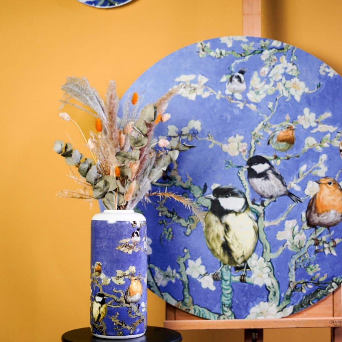 Heinen Delfts Blauw Cilinder Vaas Vogels Van Gogh