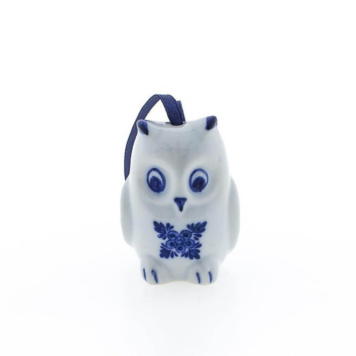 Heinen Delfts Blauw Kerstornament Uil Aan Lint met Bloem Blauw
