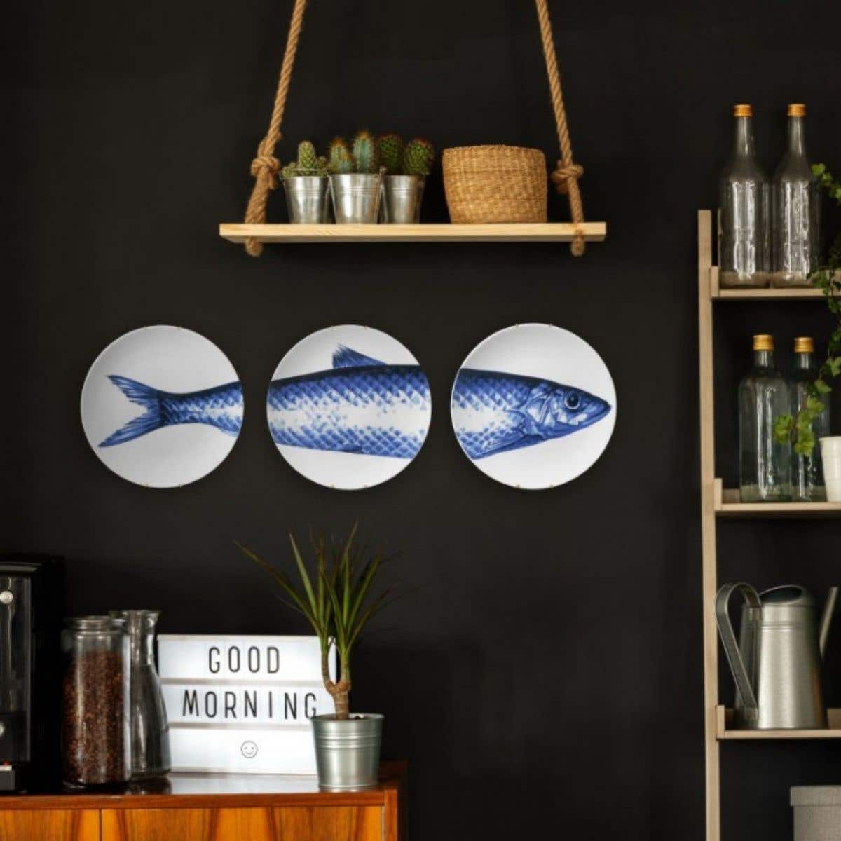 Heinen Delfts Blauw Borden met Vis (3 Stuks)