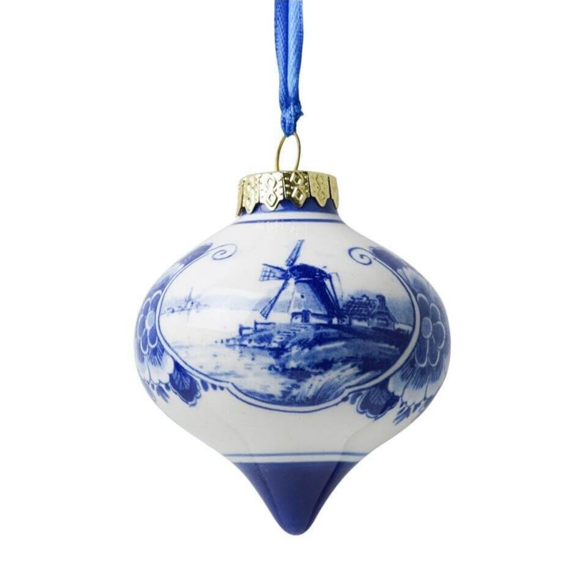 Heinen Delfts Blauw Kerstornament Druppel Landschap Blauw Ø 6 x 7 cm