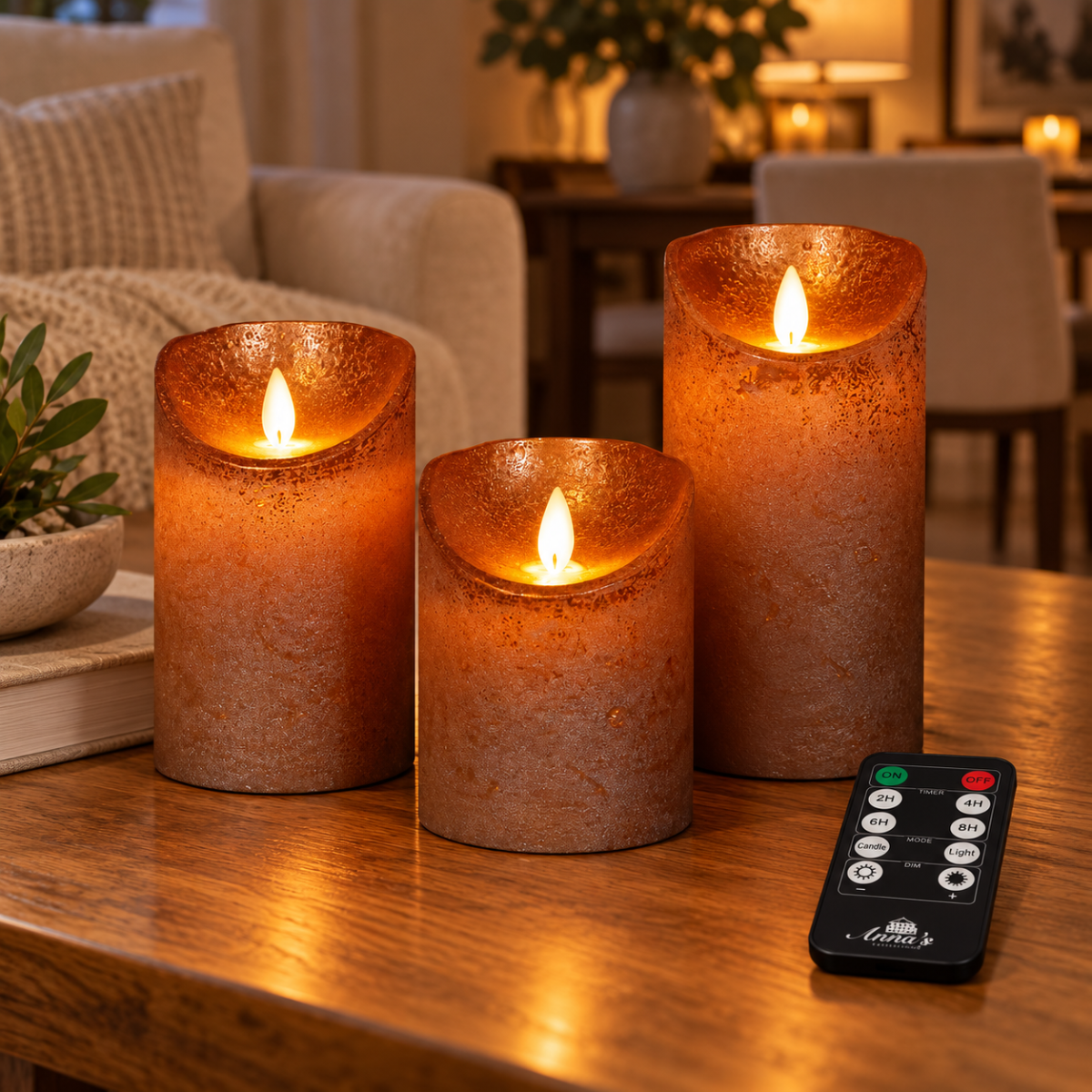 Stompkaars LED Koper Wax Rustiek (3 stuks) met afstandsbediening