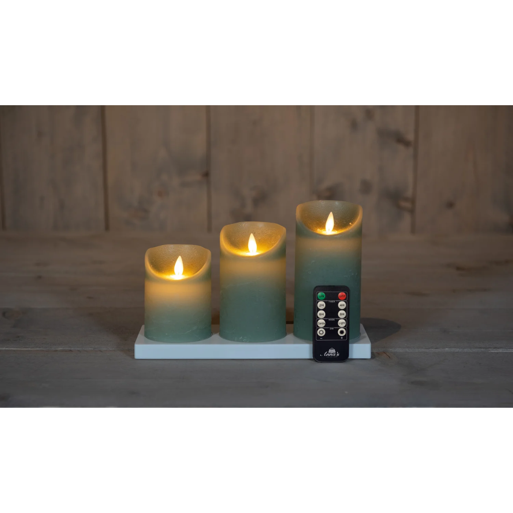 Stompkaars LED Jade Groen Wax Rustiek (3 stuks) met afstandsbediening