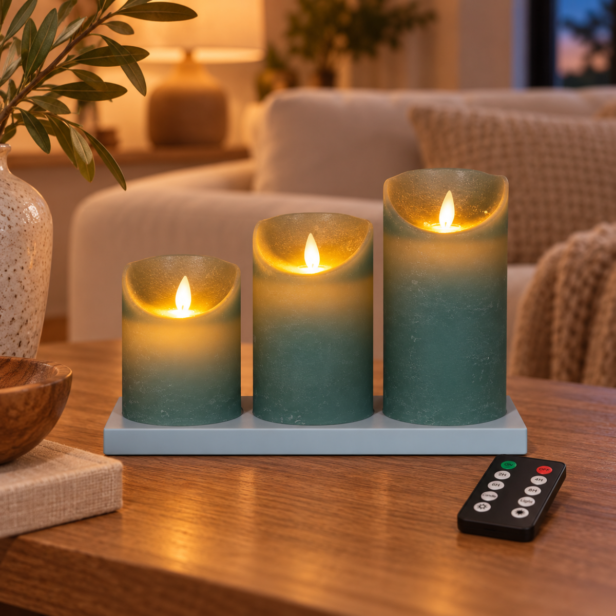 Stompkaars LED Jade Groen Wax Rustiek (3 stuks) met afstandsbediening