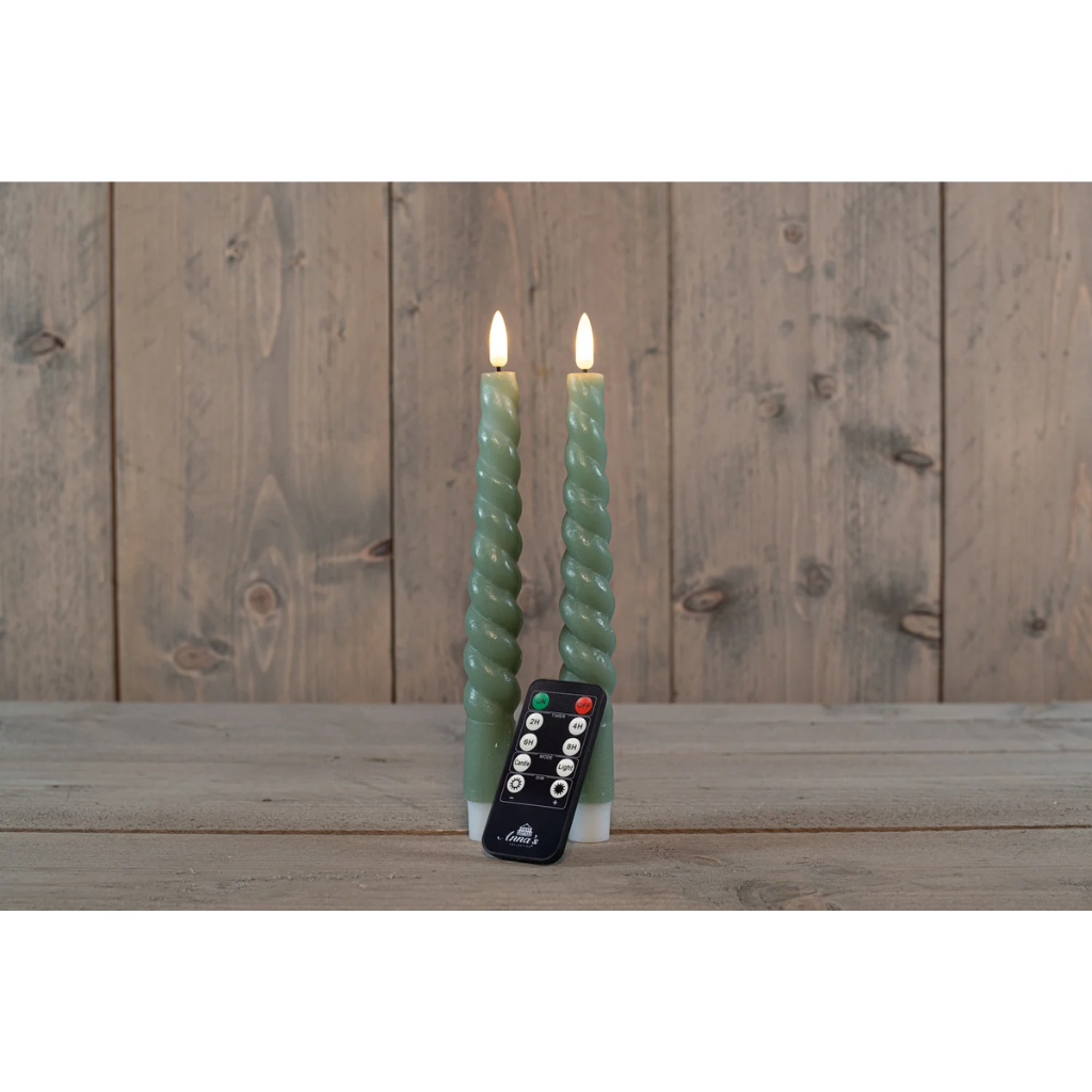 Dinerkaars LED Jade Groen Swirl Rustiek Wax 3D Lont 23 cm (2 stuks) met afstandsbediening