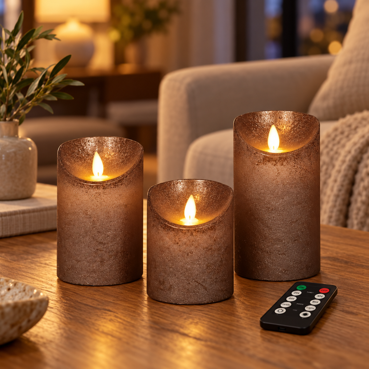Stompkaars LED Wax Brons 3 stuks met afstandsbediening