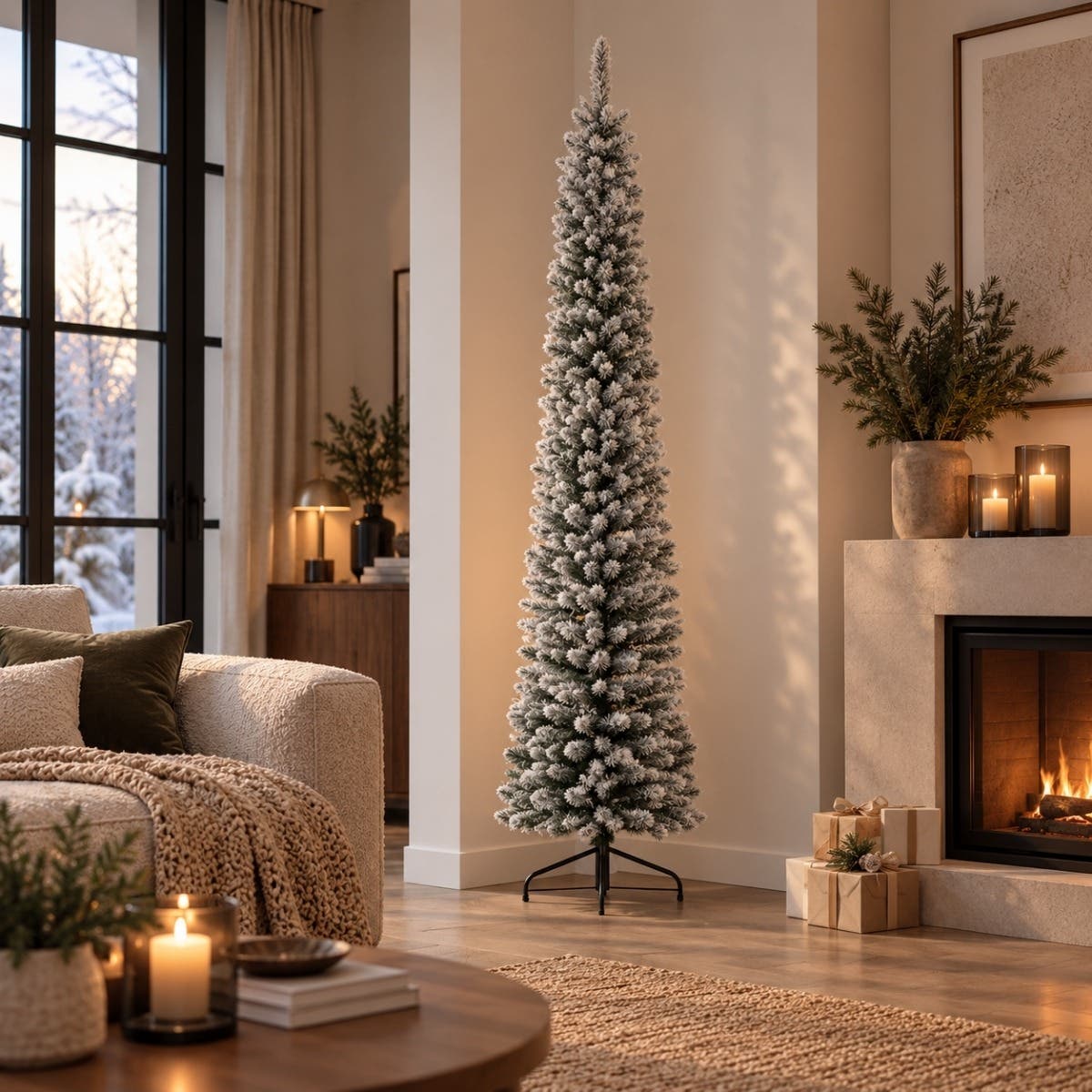 Everlands Kunstkerstboom Pencil Pine Wit Sneeuw 210 x 60 cm