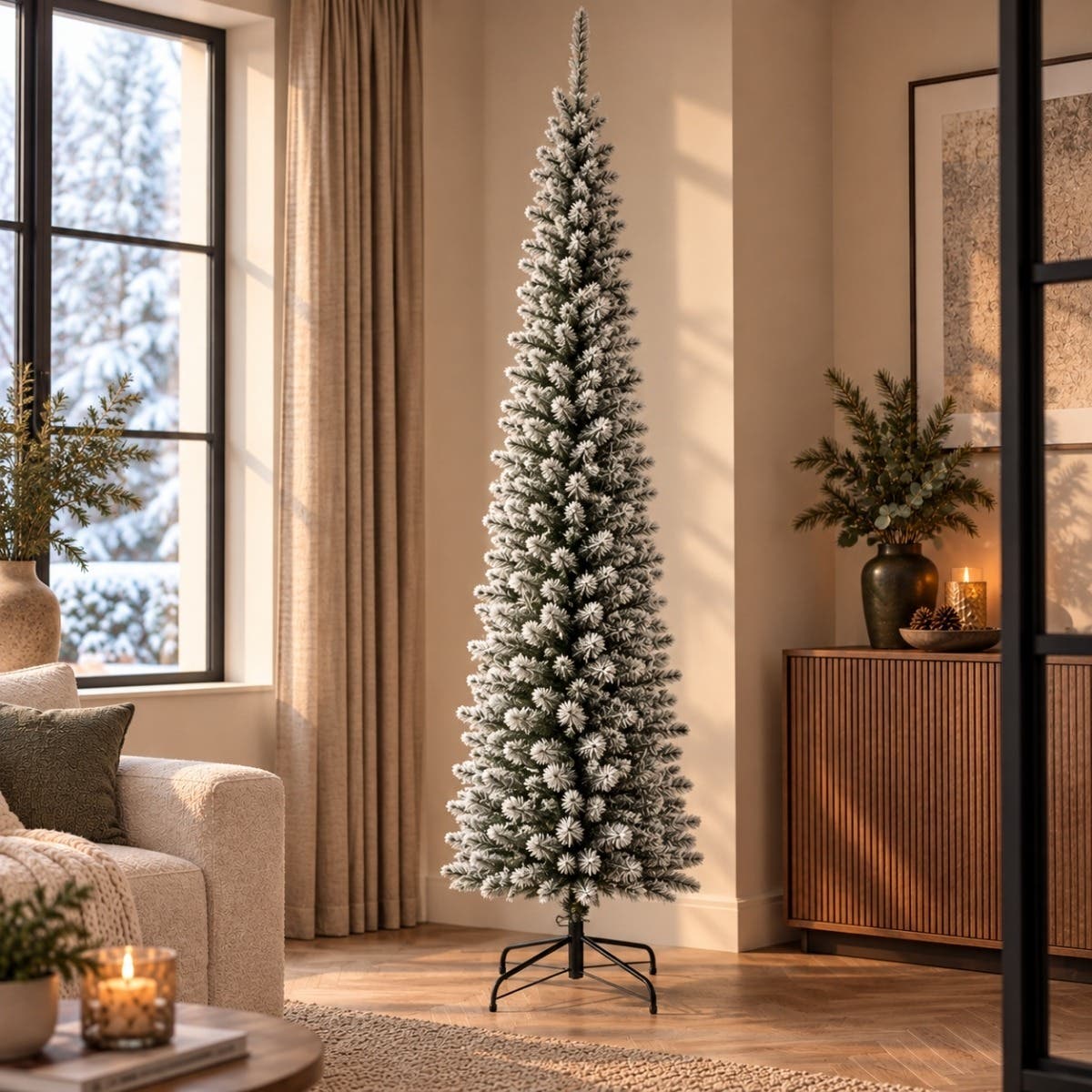 Everlands Kunstkerstboom Pencil Pine Wit Sneeuw 240 x 70 cm