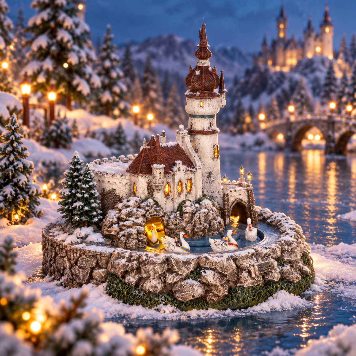Efteling Kerstdorphuisje Zes Zwanen met Verlichting 24 x 31 x 27.5 cm
