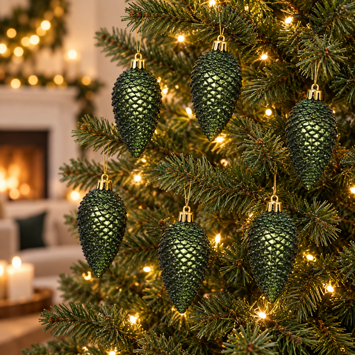 Decoris Kerstornament Dennenappel Kunststof Glitter Groen 6 stuks 8 x 4.5 cm