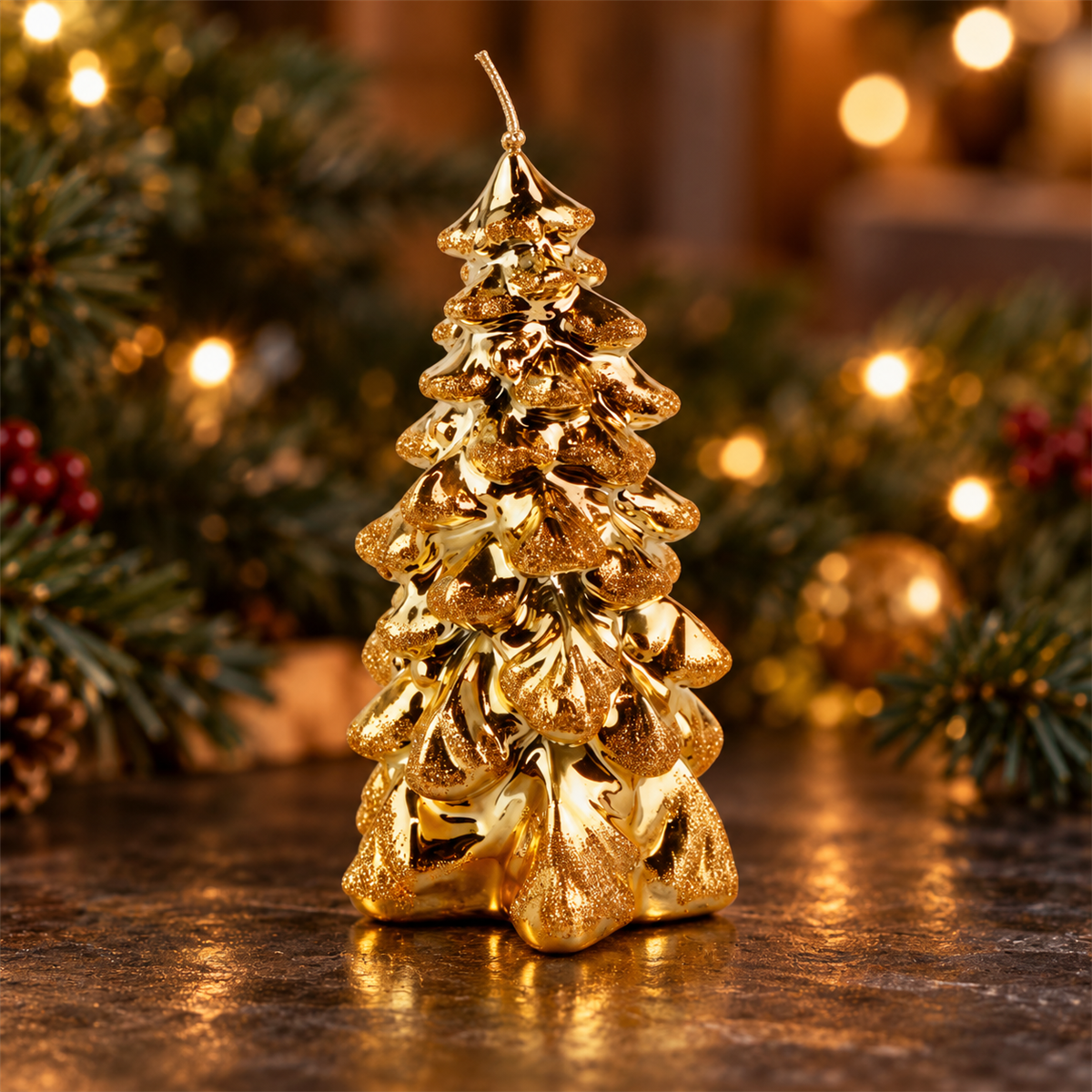 De Bosrand Kerstkaars Kerstboom Metallic Glitter Goud Ø8 x 15 cm