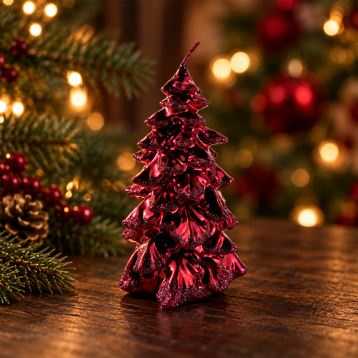 De Bosrand Kerstkaars Kerstboom Metallic Glitter Cherry Ø8 x 15 cm