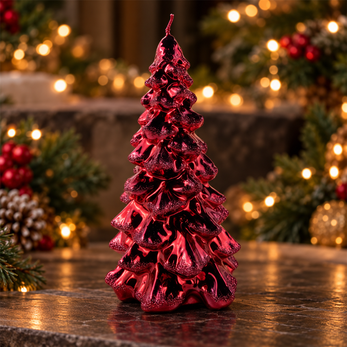 De Bosrand Kerstkaars Kerstboom Metallic Glitter Cherry Ø13 x 23 cm