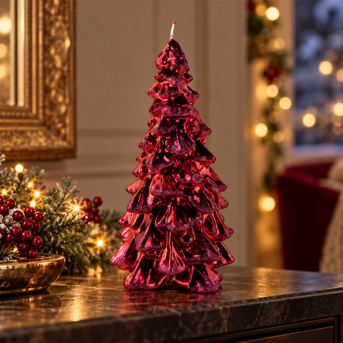 De Bosrand Kerstkaars Kerstboom Metallic Glitter Cherry Ø16 x 30 cm