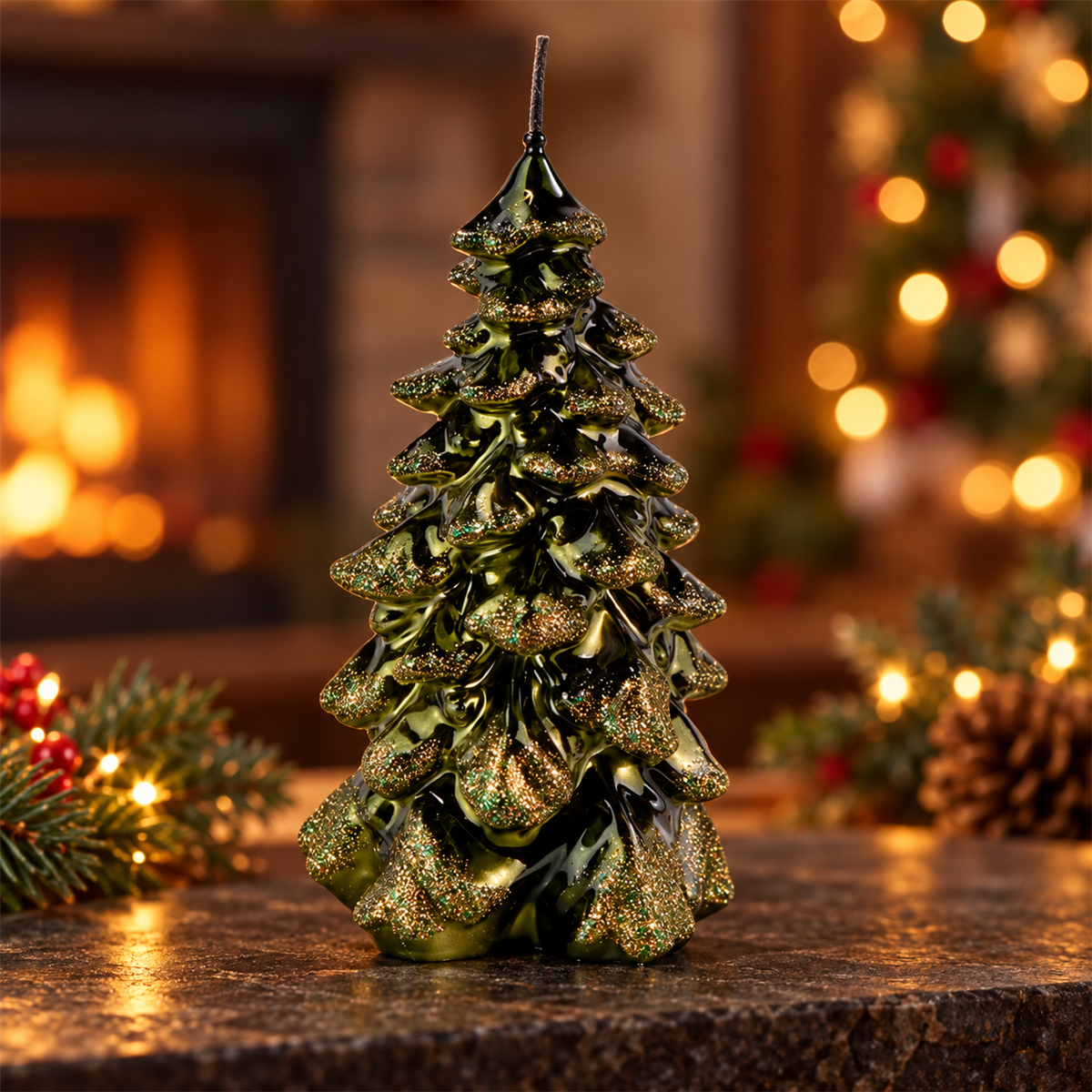 De Bosrand Kerstkaars Kerstboom Metallic Glitter Bottle Green Ø8 x 15 cm