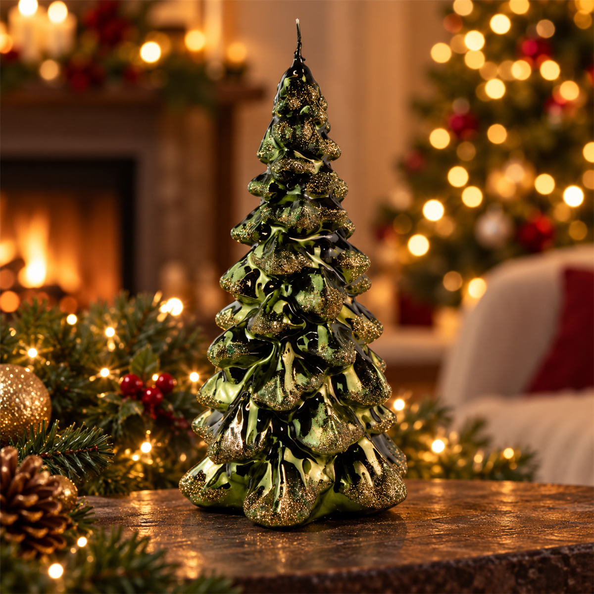 De Bosrand Kerstkaars Kerstboom Metallic Glitter Bottle Green Ø13 x 23 cm