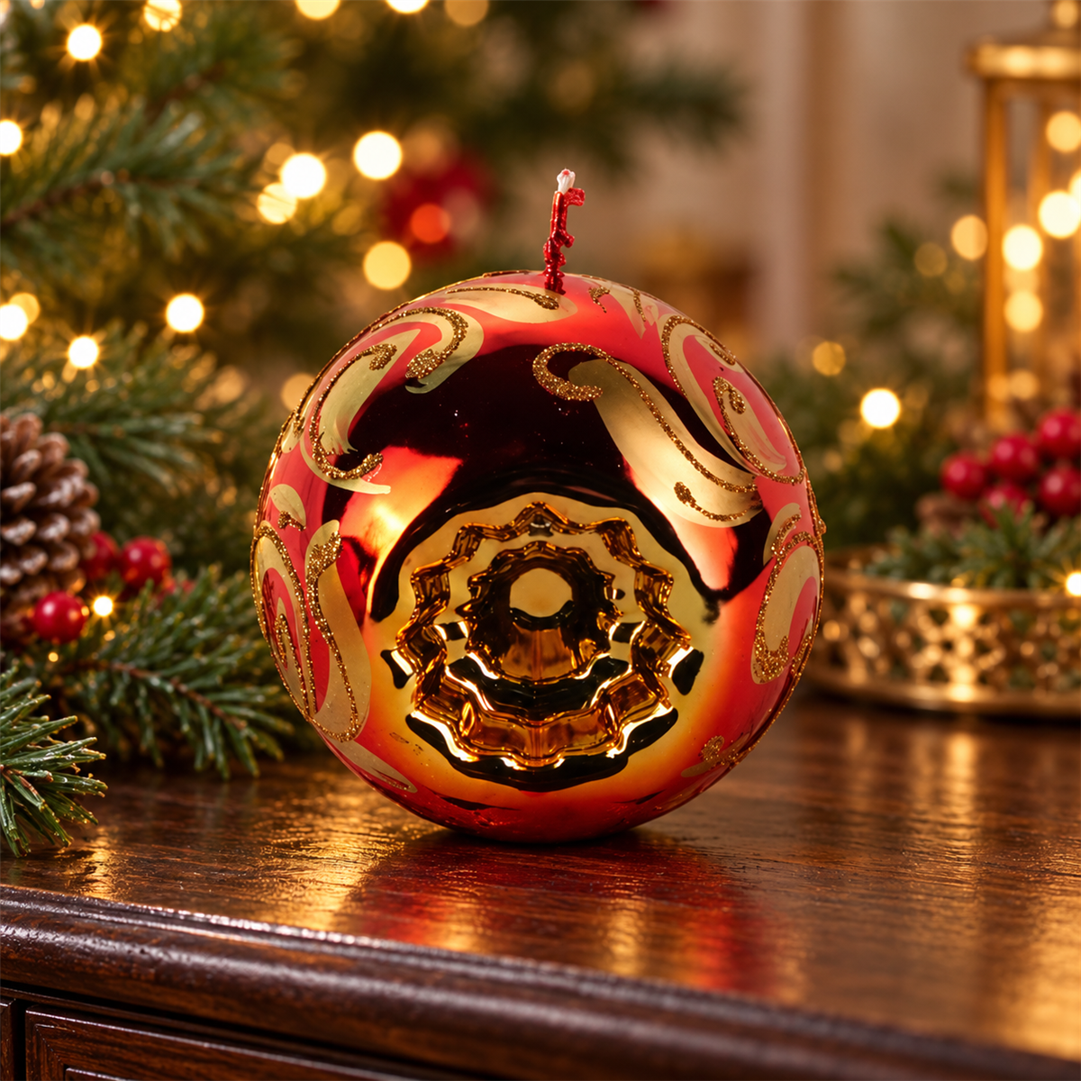 De Bosrand Kerstkaars Kerstbal Metallic Rood Glitter 10 cm