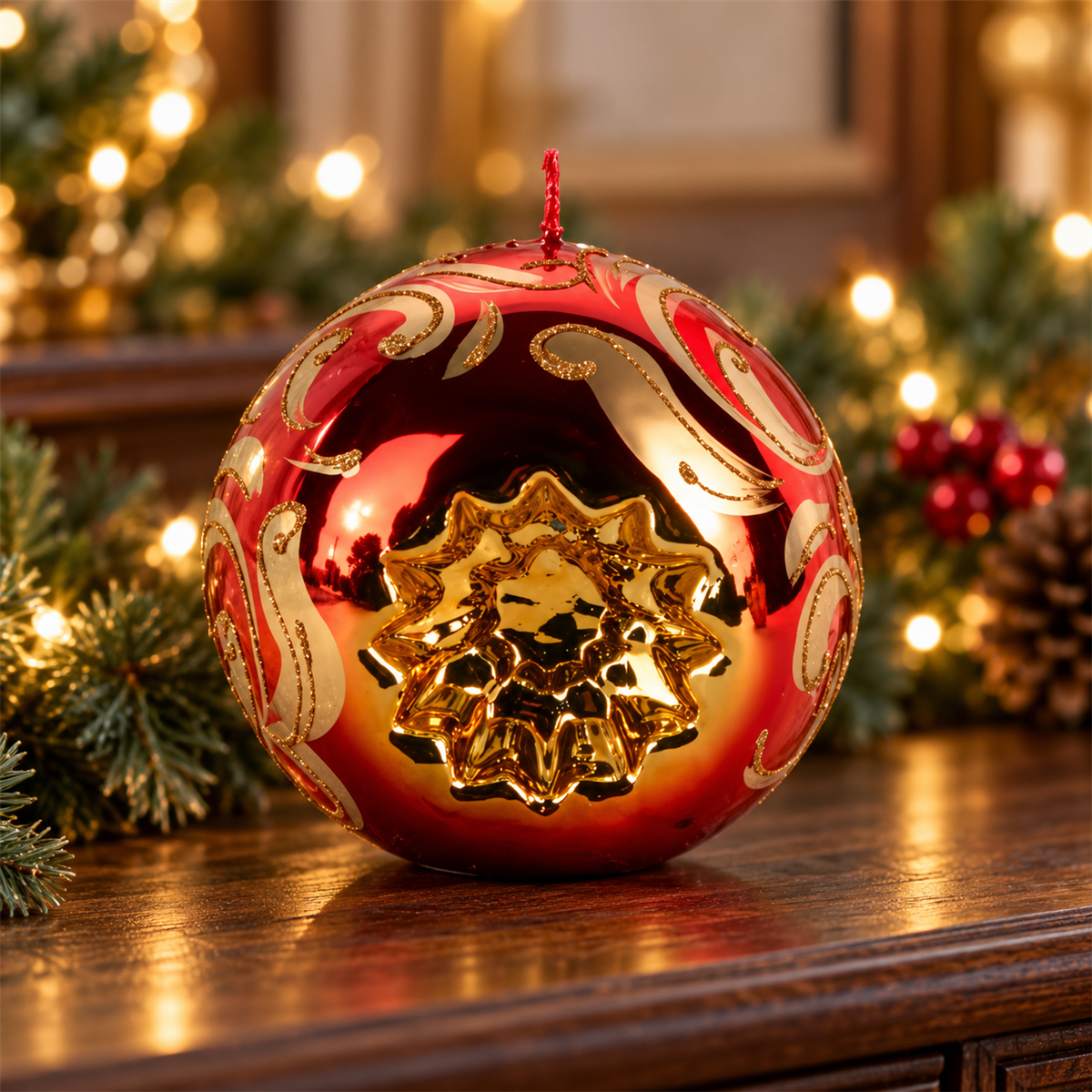 De Bosrand Kerstkaars Kerstbal Metallic Rood Glitter 15 cm