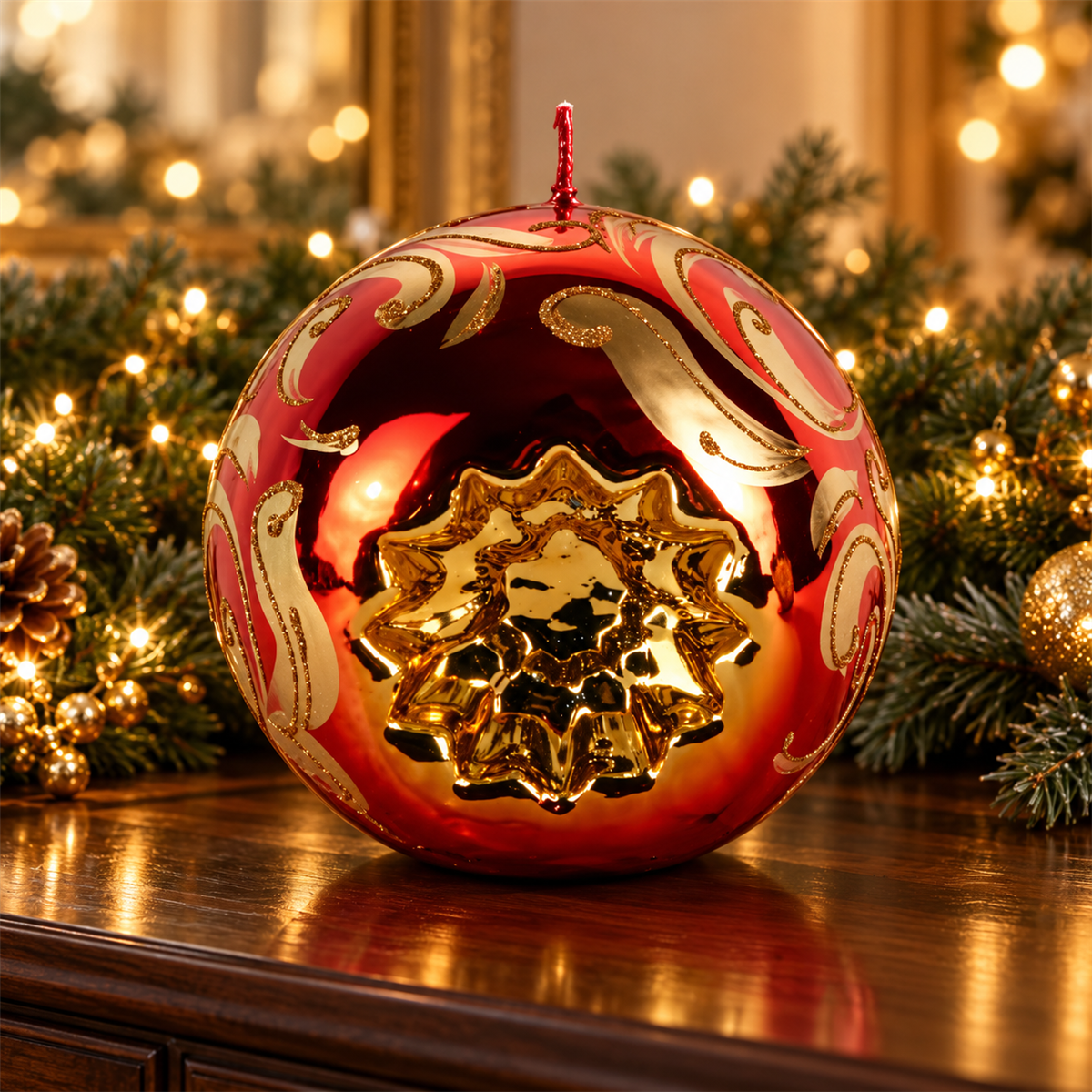 De Bosrand Kerstkaars Kerstbal Metallic Rood Glitter 20 cm