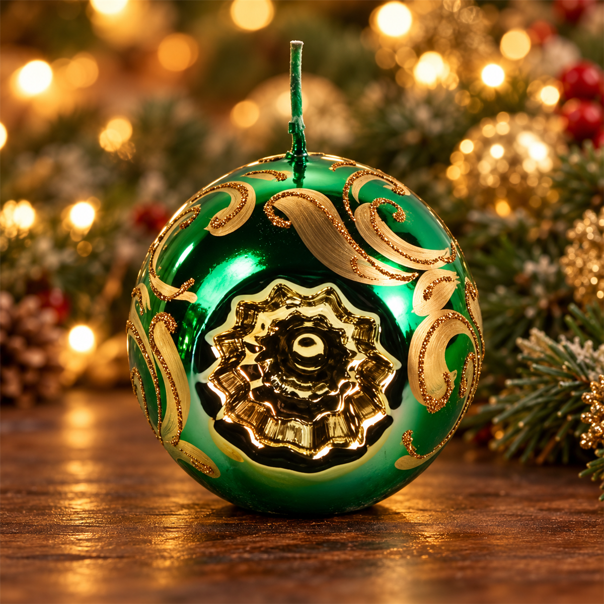 De Bosrand Kerstkaars Kerstbal Metallic Groen Glitter 10 cm