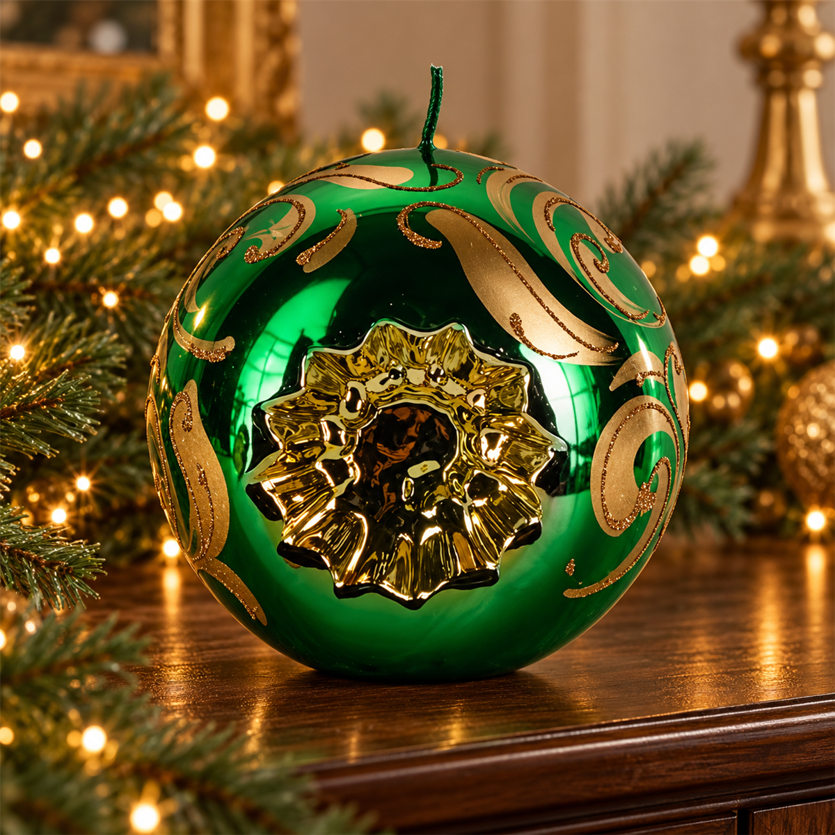 De Bosrand Kerstkaars Kerstbal Metallic Groen Glitter 20 cm