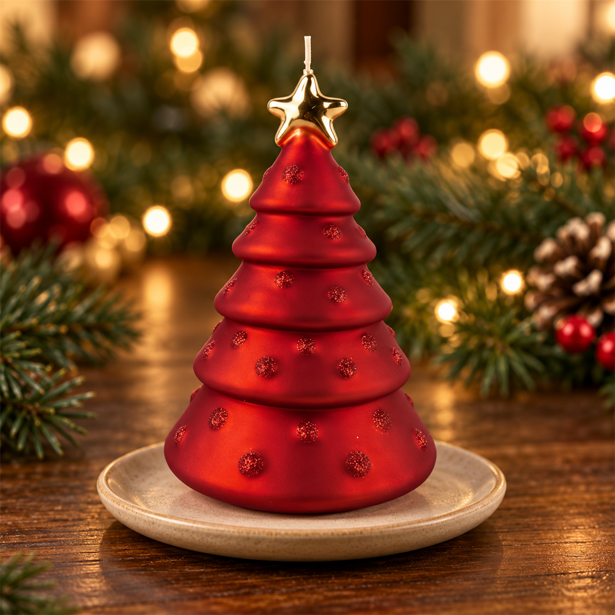 De Bosrand Kerstkaars Kerstboom mat Rood Glitter Rood Ø12 x 18 cm