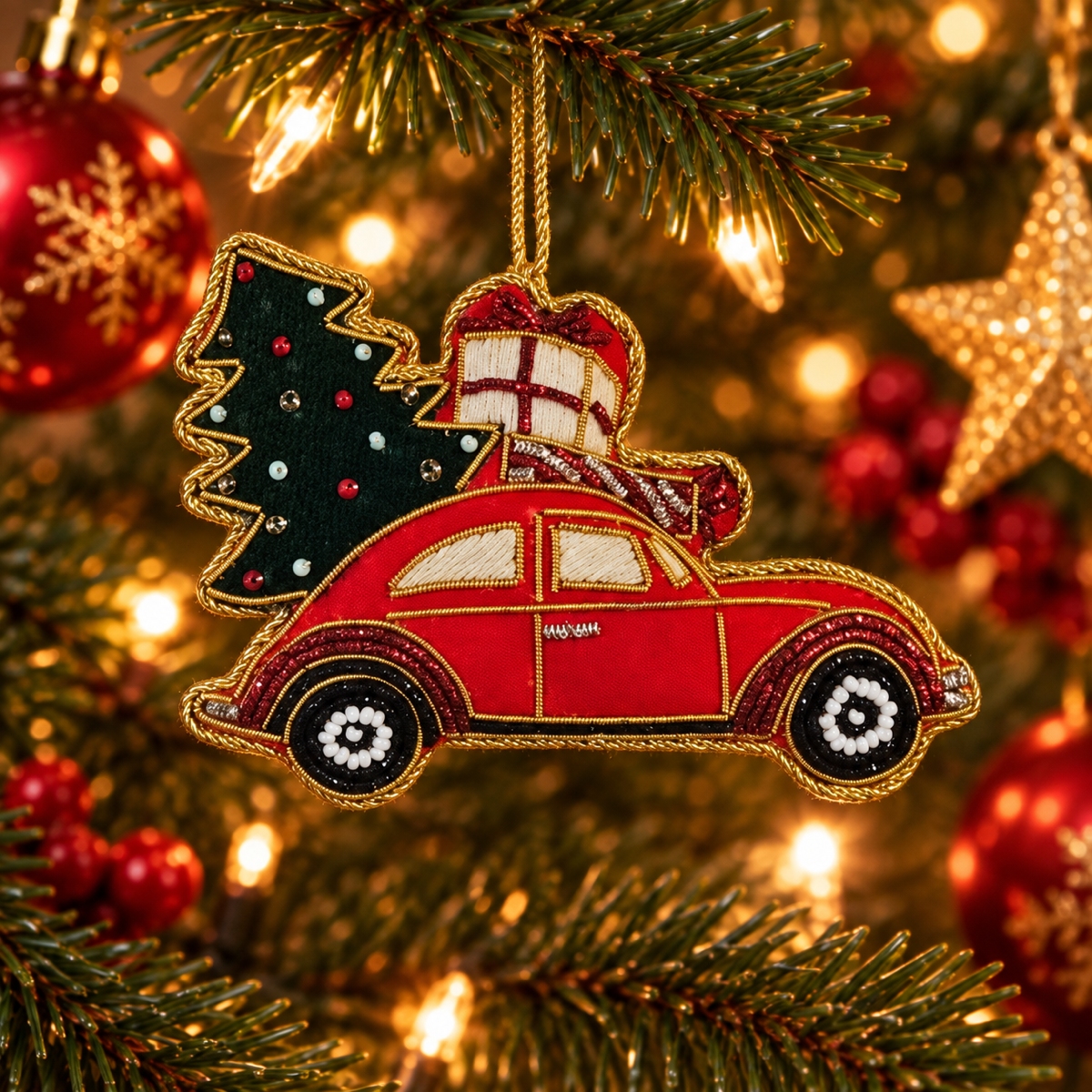 De Bosrand Kerstornament Hanger Rode Auto met Kerstboom Geborduurd Rood 10 x 6.5 cm