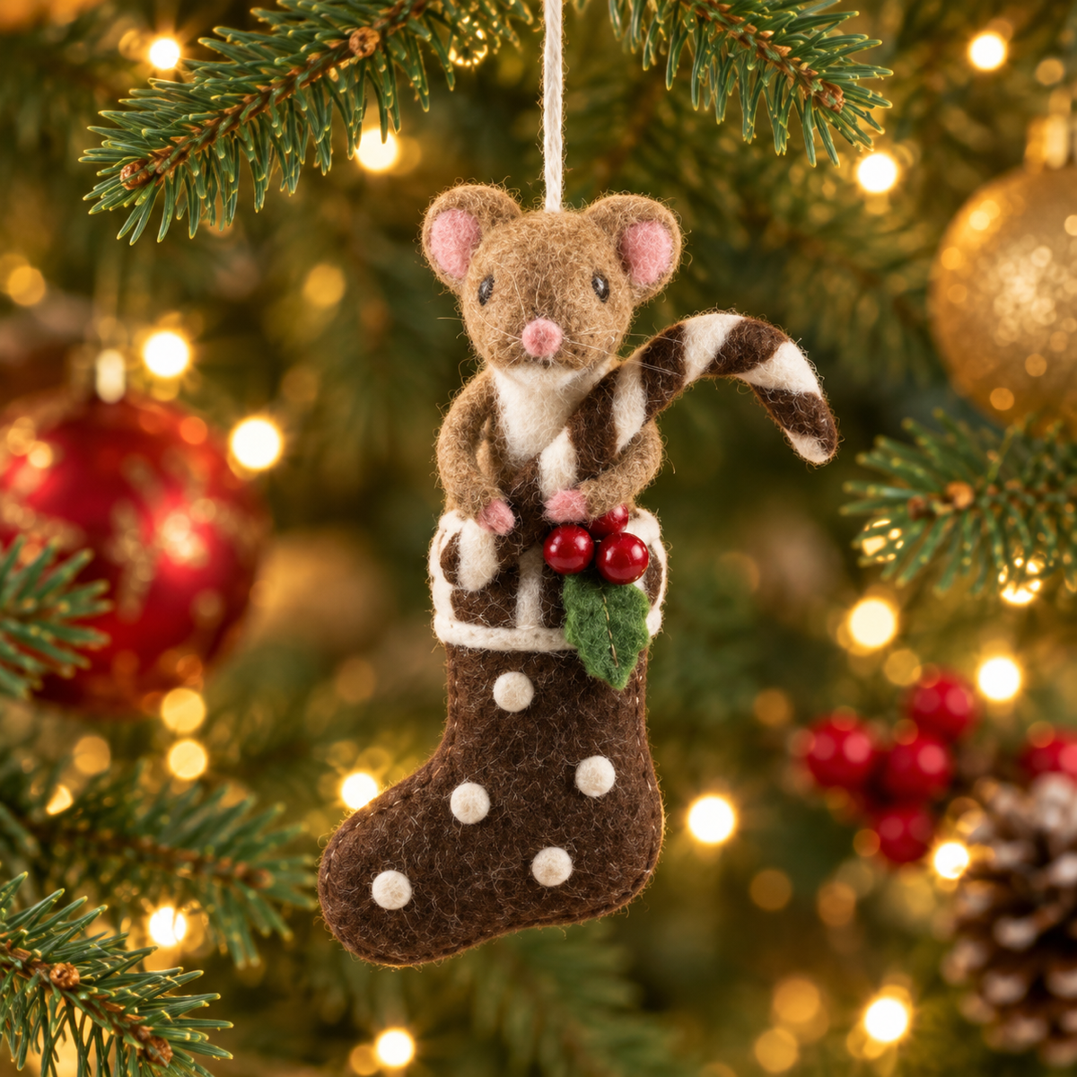 De Bosrand Kerstornament Vilten Hanger Muis in Kerstsok Bruin 13 cm