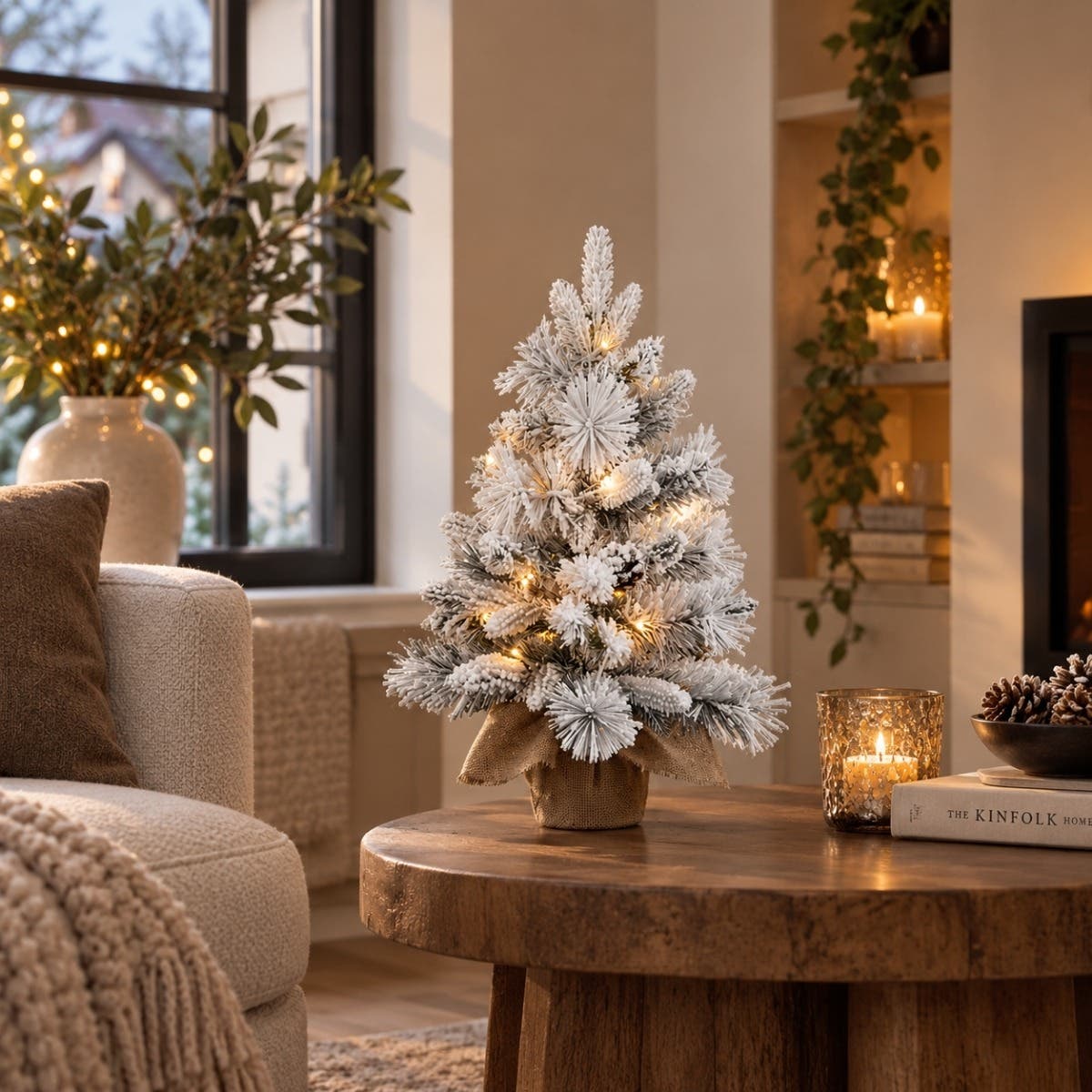 De Bosrand Pinecone Tafel Kunstkerstboom Wit Sneeuw met Verlichting 60 x 42 cm