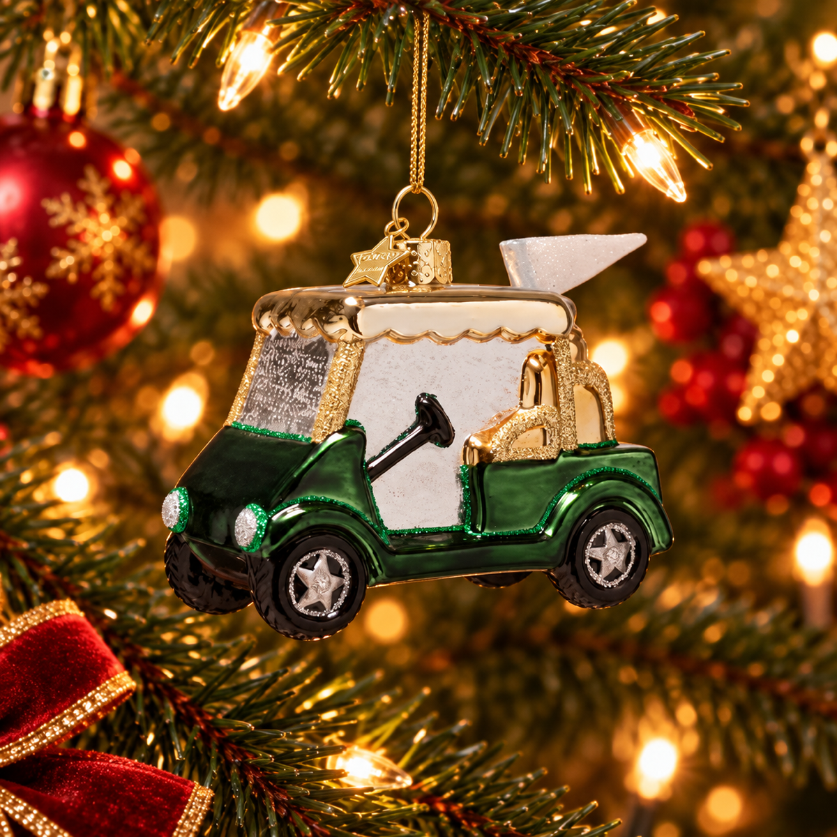 Vondels Kerstornament golfkarretje Groen 12 x 5 x 8.5 cm