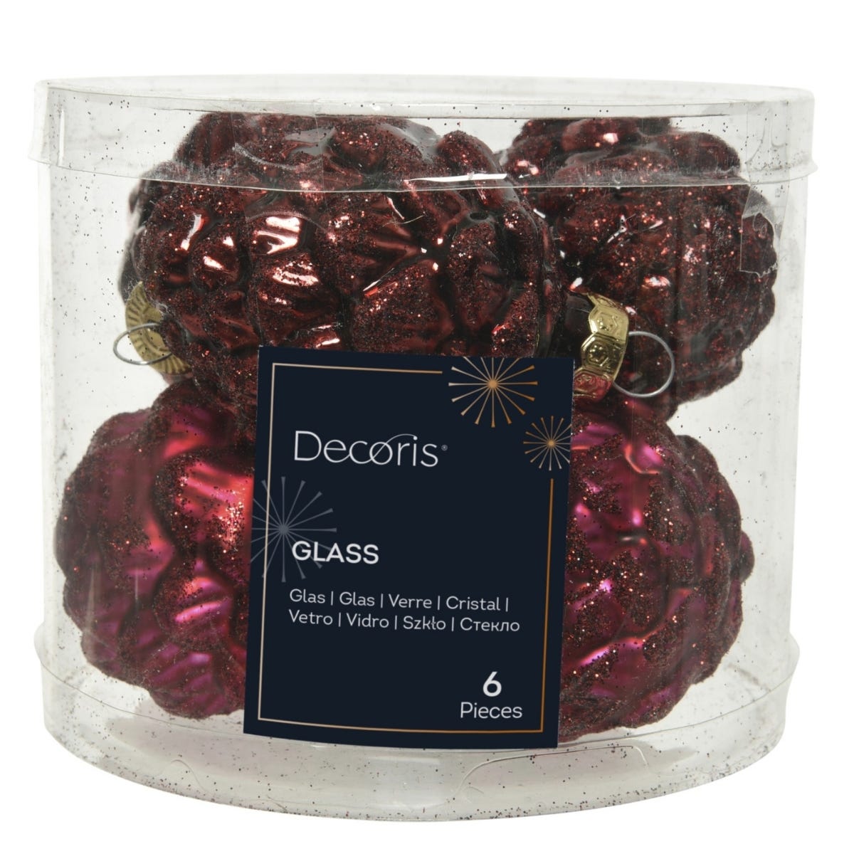 Decoris Dennenappels Glas Rood Ø 5 cm 6 Stuks