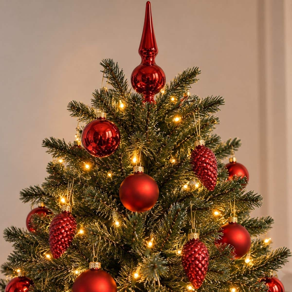 Decoris Piek Kerstballen Glas Mix met Pine 15-Delig Rood 3.5 x 13 cm