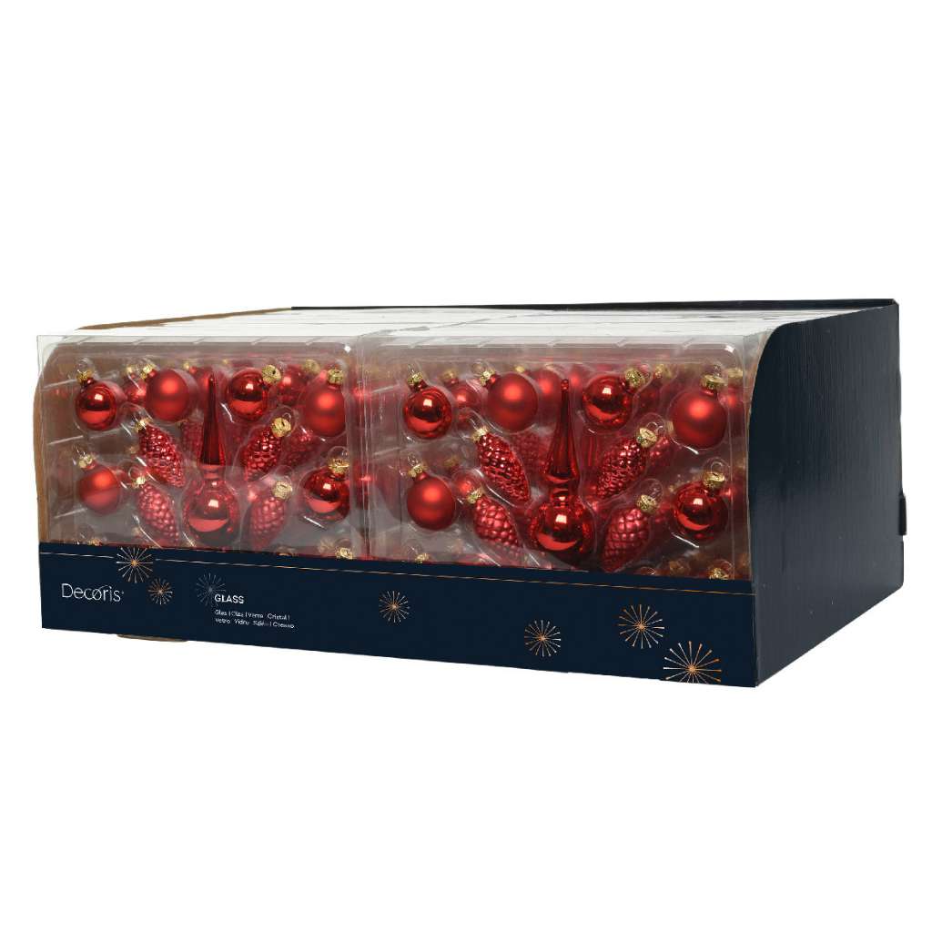 Decoris kerstballen glas mix met piek pine rood 15-delig