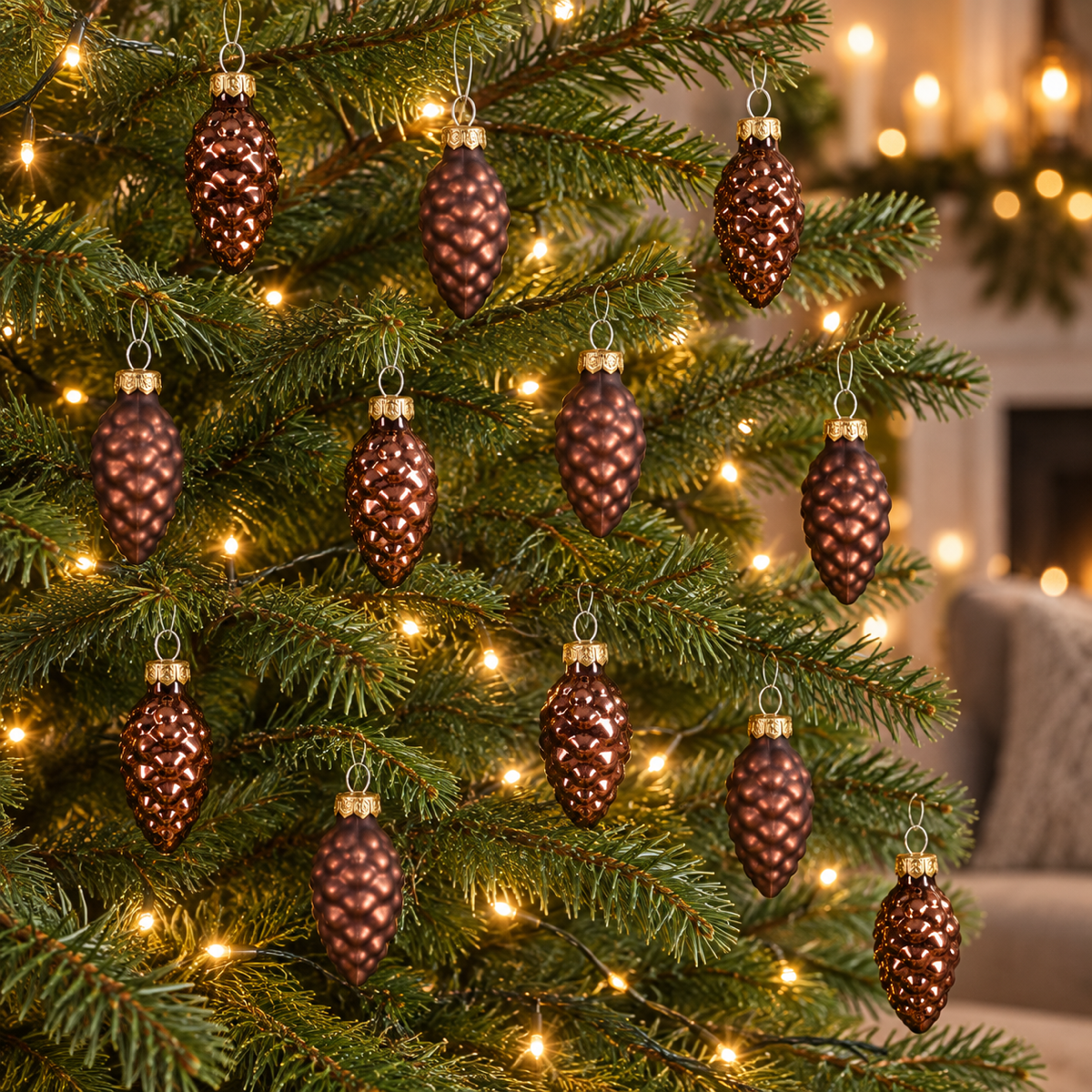 Decoris Kerstornament Dennenappel Glas Bruin 12 stuks 6 x 2.5 cm