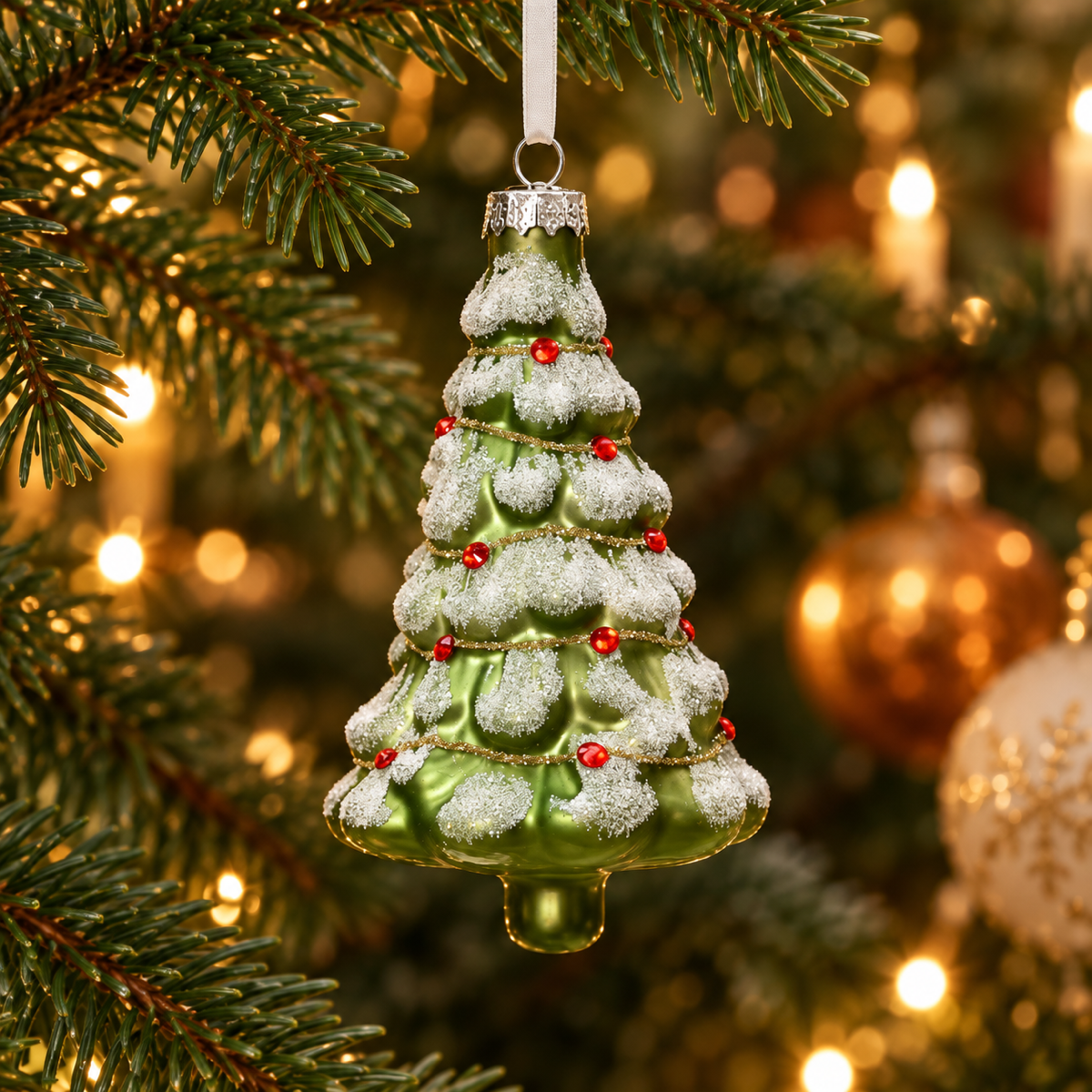 Decoris Kerstornament Boom Glas Groen-Wit Groen 7.5 x 12 cm