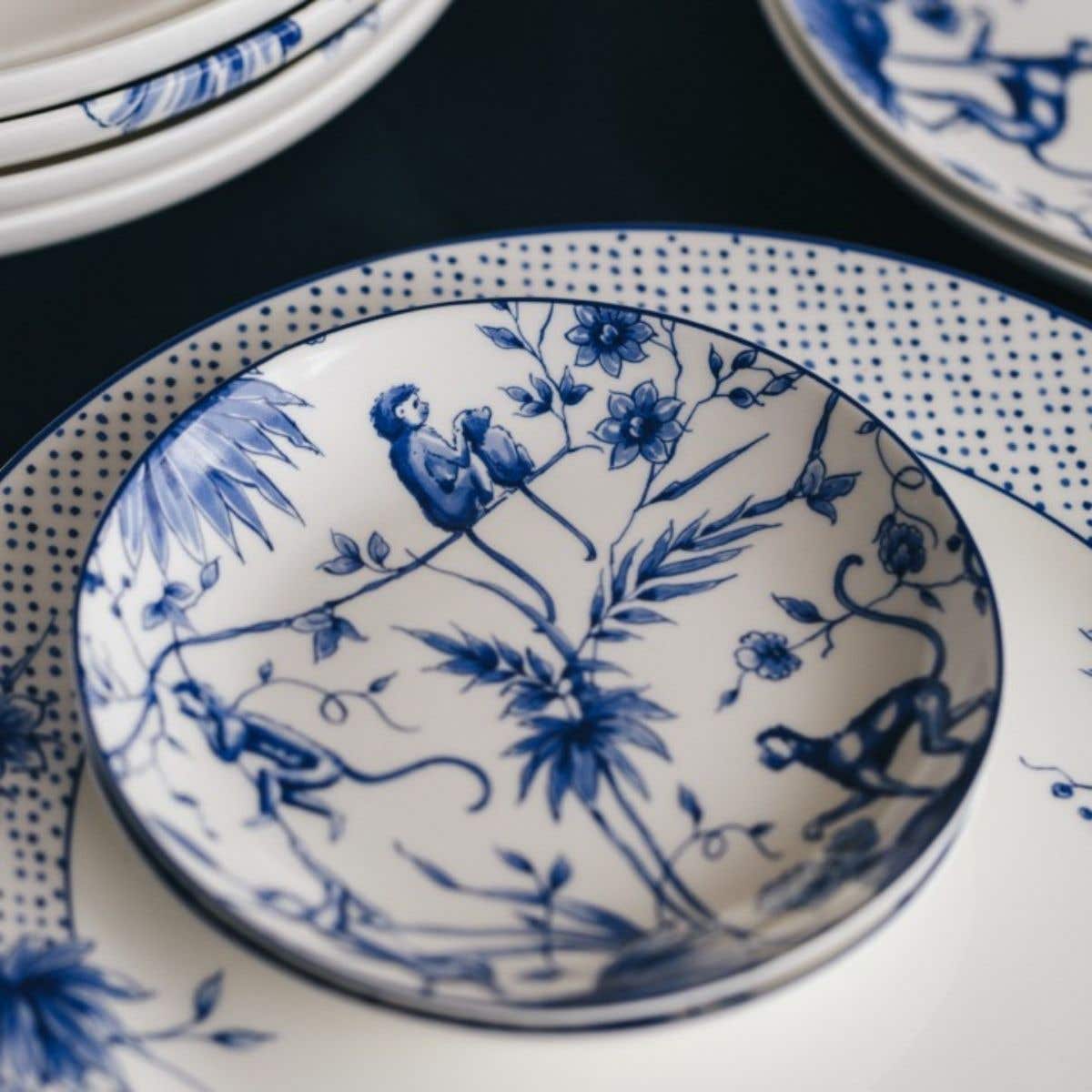 Heinen Delfts Blauw Dinerbord Aapjes