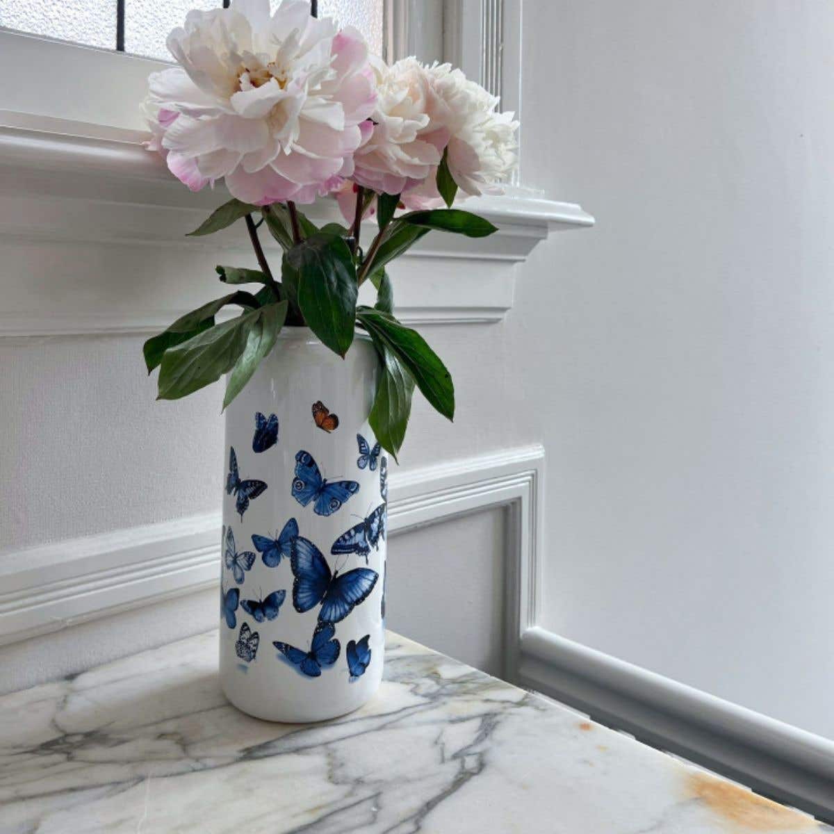 Heinen Delfts Blauw Cilinder Vaas Vlinders