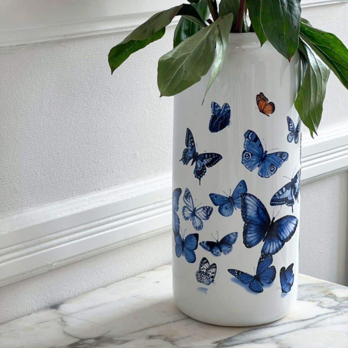 Heinen Delfts Blauw Cilinder Vaas Vlinders