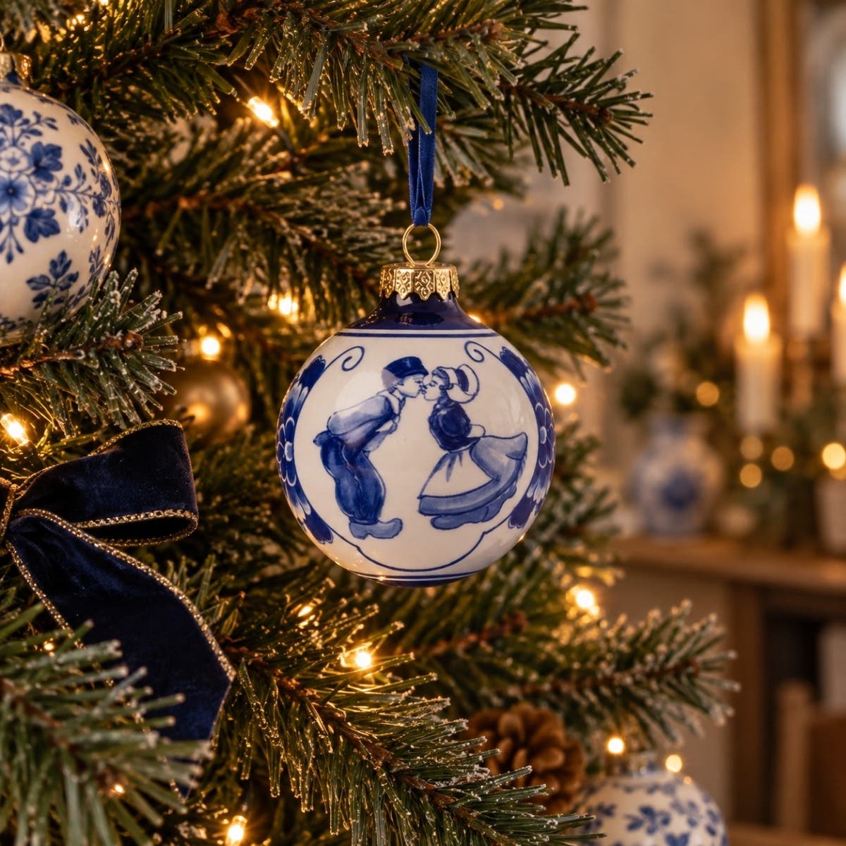 Heinen Delfts Blauw Kerstbal Kuspaar Blauw 7 cm