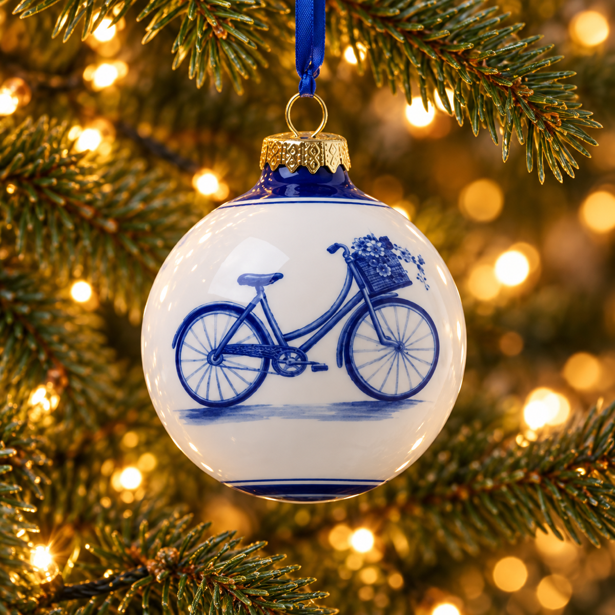 Heinen Delfts Blauw Kerstbal Fiets Blauw 7 cm