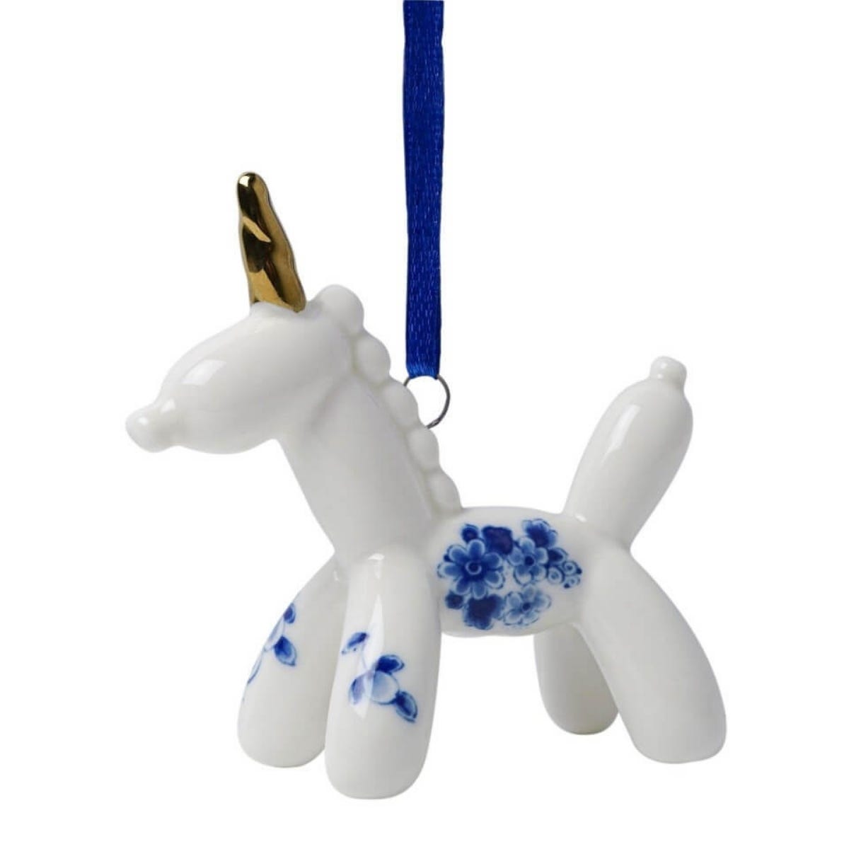 Heinen Delfts Blauw Kerstornament Ballondier Eenhoorn Blauw 8 x 4 x 8 cm