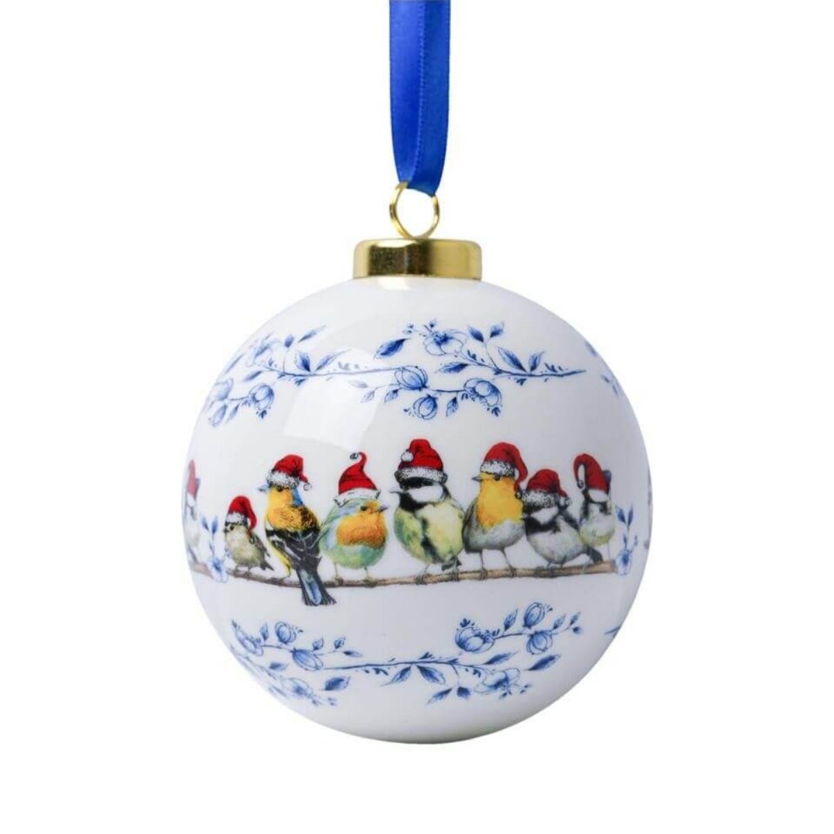 Heinen Delfts Blauw Kerstornament Bosvogels Kerstmuts Blauw Ø 8 cm
