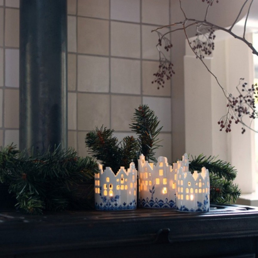 Heinen Delfts Blauw Waxinelichthouder Huisjes groot
