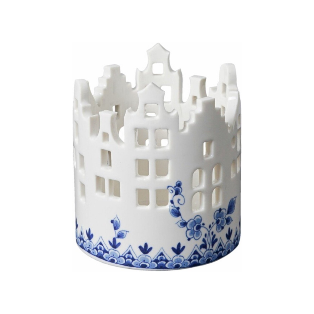 Heinen Delfts Blauw Waxinelichthouder Huisjes middel