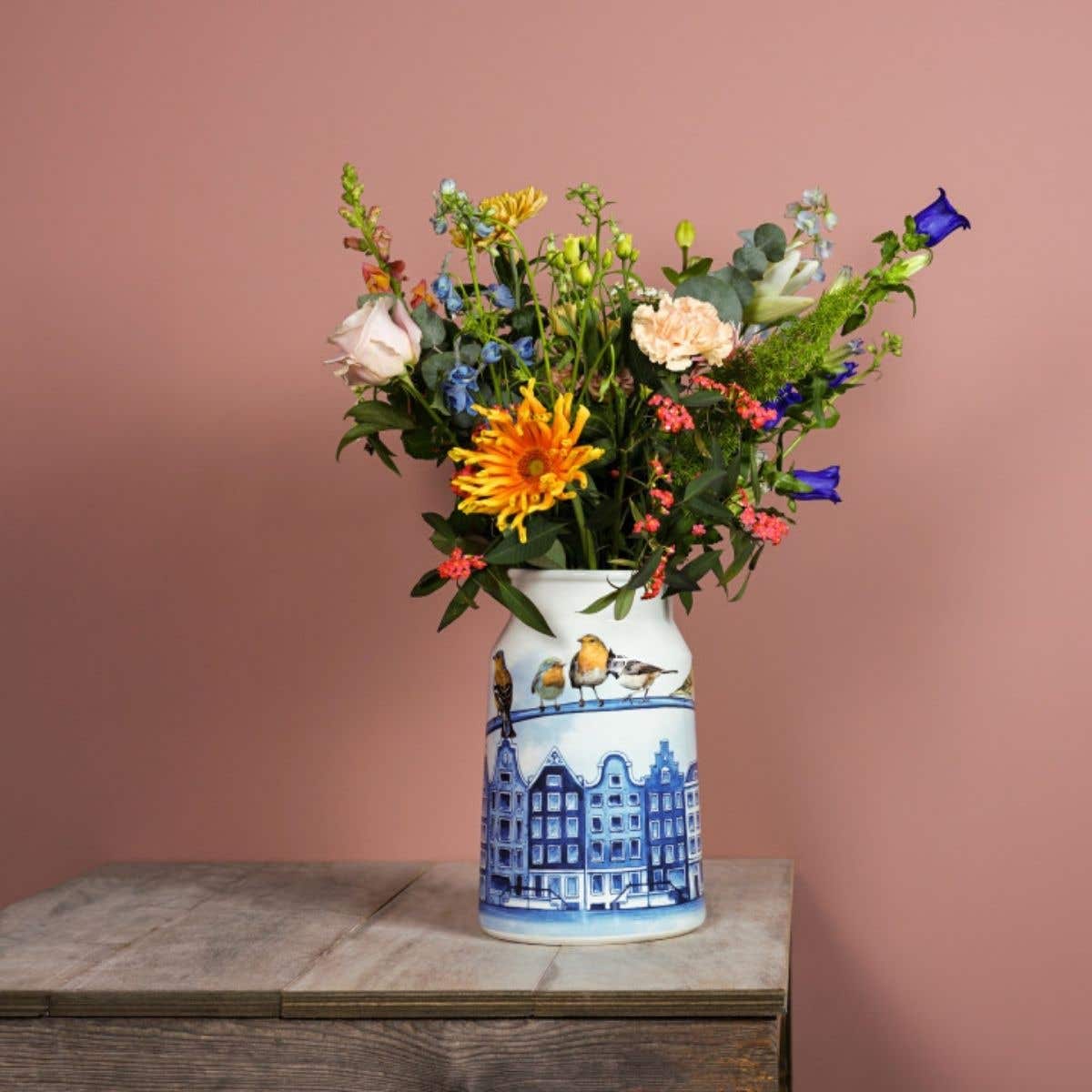 Heinen Delfts Blauw Vaas Melkbus Grachtenpanden