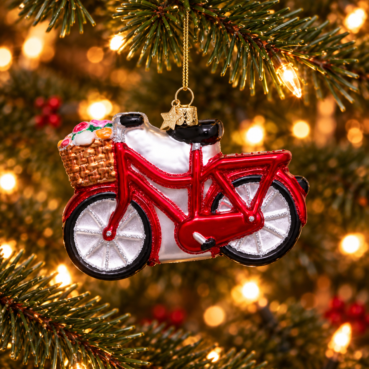 Vondels Kerstornament Fiets met Bloemen Rood 7 cm