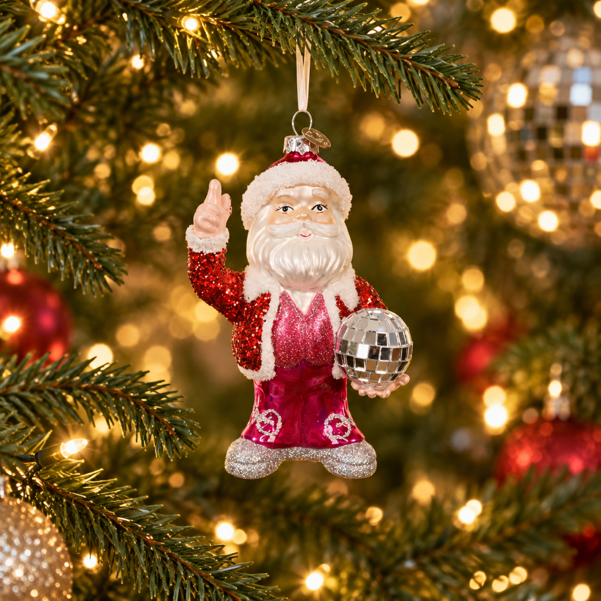 Decoris Kerstornament Kerstman Disco Glas Rood 8.8 x 6.7 x 13.3 cm